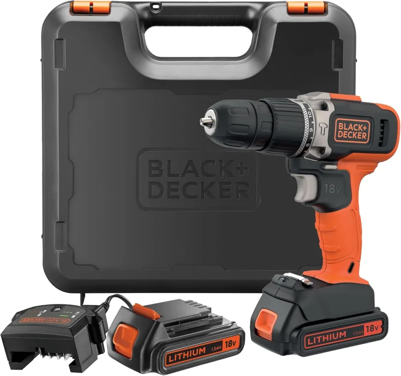 BLACK+DECKER Taladro percutor inalámbrico de 18V y 2 velocidades con dos baterías de 1,5Ah y cargador de 400mA, par de 45Nm, luz de trabajo LED y maletín, BCD003C2K-QW