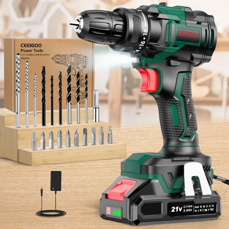 Taladro Atornillador Batería Sin Escobillas,Destornillador Electrico 21V con Batería 2.0Ah, Atornillador Bateria 42Nm, 18 +1 Ajuste de Par, 20 Accesorios, 2 Velocidad Para Hogar, Bricolaje