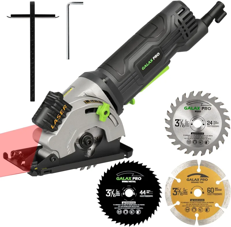 GALAX PRO sierra circular de 580W, 3500 rpm, profundidad de corte máxima de 28.5 mm, sierra circular de mano equipada con tres hojas de 85 mm, adecuada para cortar madera, PVC y otros materiales
