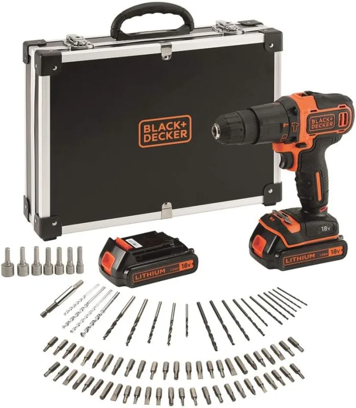 BLACK+DECKER Kit Taladro Percutor 18V, Luz LED, Velocidad Variable, con 2 Baterías de Litio de 1.5Ah, Cargador, con 80 Accesorios y Maletín, BDCHD18BAFC