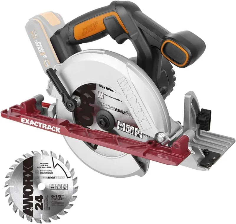 WORX Sierra circular Brushless Worxsaw XL 20V | PowerShare | WX530.9 | No incluye batería ni cargador | Motor sin escobillas, diseño de cuerpo fino, rápido ajuste de profundidad