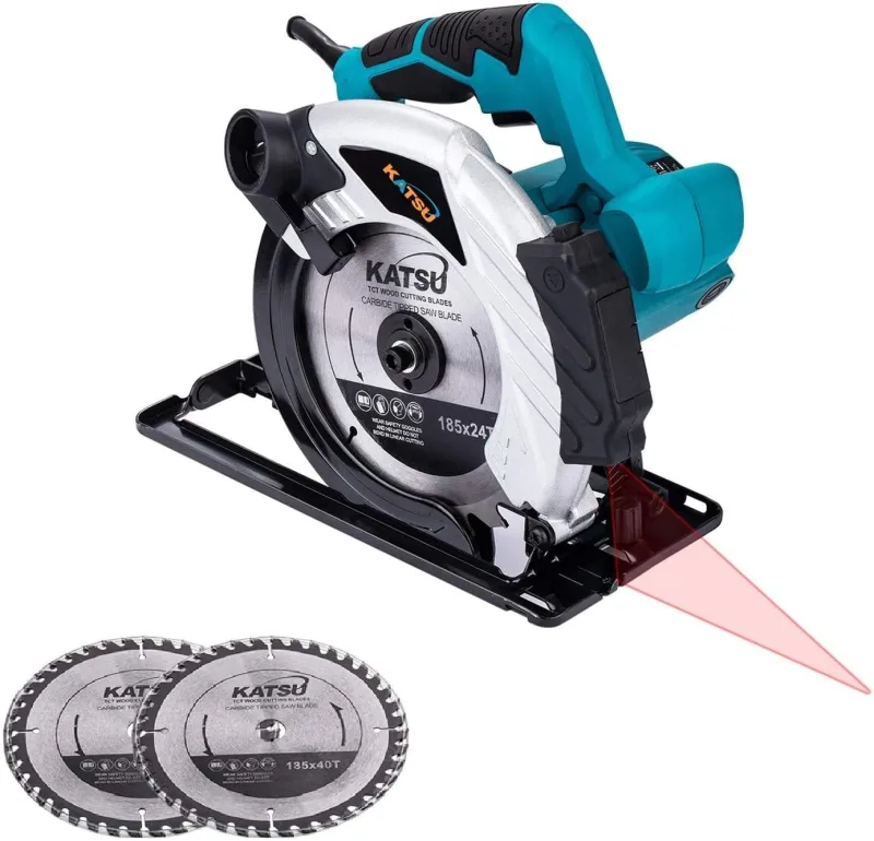 KATSU Sierra Circular 1600W 185mm con Guía Láser y 2 Discos 24T+40T, Corte 65mm (90º), 45mm (45º) para Carpintería, Corte de Madera, Metal Blando y Plástico 100793E