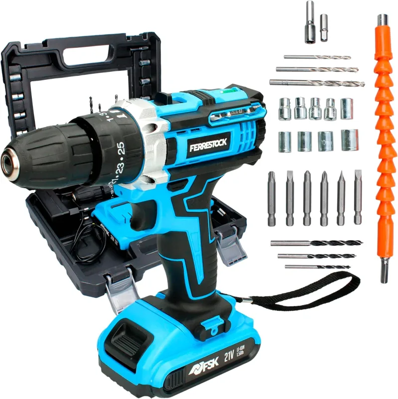 Ferrestock Taladro Percutor con Batería de Li-ion, Maletín con 25 Accesorios, 2 Velocidades, 25 Posiciones, 35Nm de Par de Giro, Función Percutor