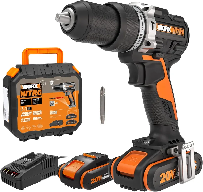 WORX Taladro Percutor a batería 20V Máx | WX352 | Motor sin escobillas | Power Share | 2 baterías de 2Ah | Cargador y maletín | Portabrocas metálico, carcasa de engranajes metálica |