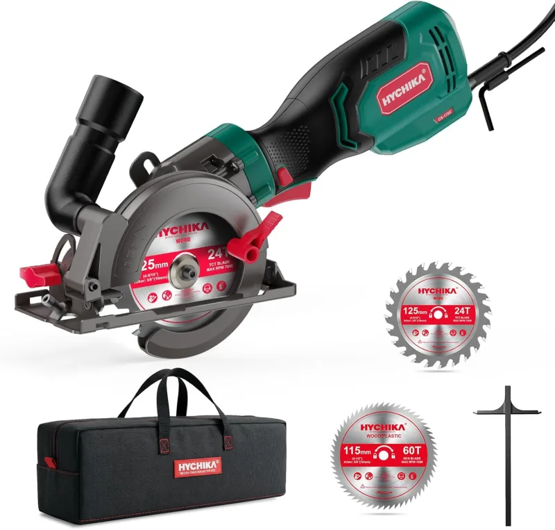 HYCHIKA Sierra Circular de Mano, Mini Sierra Circular 750W 3500 rpm con Bolsa de Transporte, 3 Hojas de Sierra 115+125mm, Riel de Guía, Profundidad de Corte 48mm, para Madera, Metal Blando, Plástico