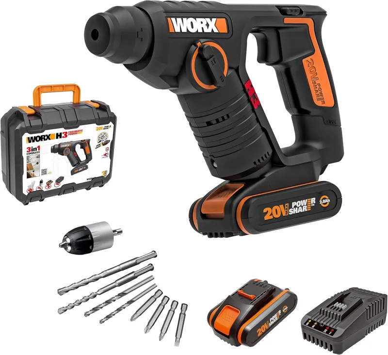 WORX WX394.6 H3 | Martillo sds-plus 20V | Función de taladro | Incluye 2 baterías de 2Ah, cargador y maletín | 3 Funciones | Ligero y compacto | Ideal para taladros en el techo