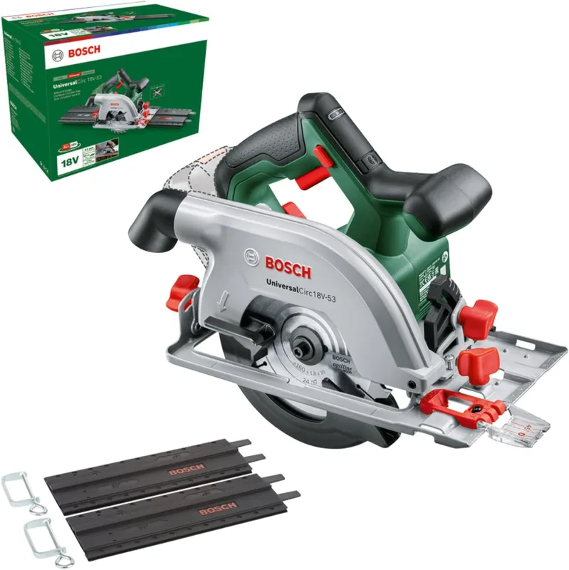 Bosch sierra circular a batería UniversalCirc 18V-53 (para serrar con precisión madera; profundidad máx. corte: 53 mm; juego guías de dos piezas; sistema 18 V; no incluye la batería) – Edición Amazon