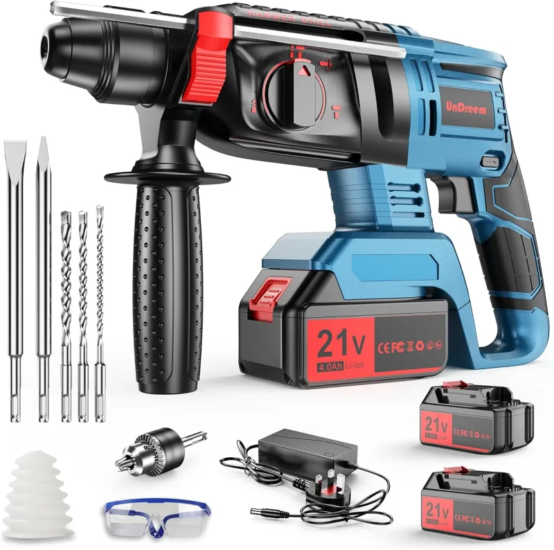 Martillo Perforador a Batería, Martillo Percutor 21V con 2 Baterías de 4000mAh, 4 Funciones en 1, Adaptador SDS Plus (con Portabrocas, Para Martillos Perforadores), 3 Brocas, 2 Cinceles