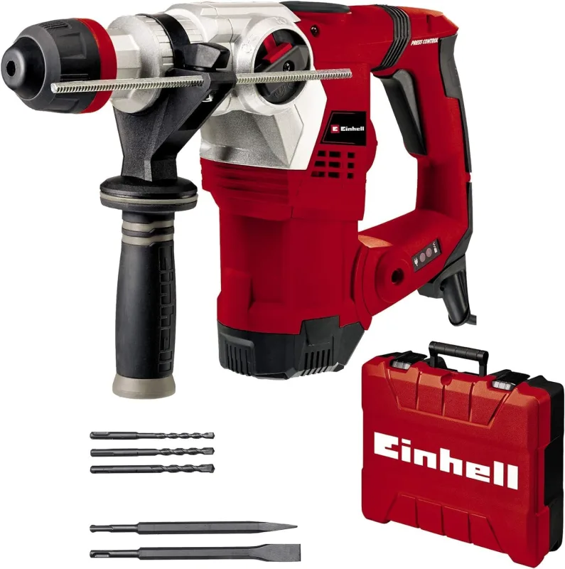 Einhell Martillo perforador, 1250 W, 5 J, perforación, perforación con impacto, cincelado con/sin fijación, agarre antivibraciones, incluye maletín E Box, 3 brocas, 2 cinceles, Multicolor