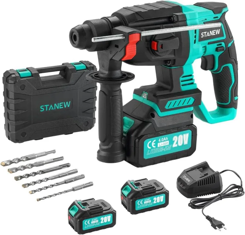 STANEW Taladro Percutor a Bateria, Martillo Percutor Bateria con Portabrocas SDS-Plus, Motor Sin Escobillas, 4500 BPM, 1000 RPM, 6 Brocas, Energía de Impacto 2J, 2 * 20 V 4,0 Ah Batería