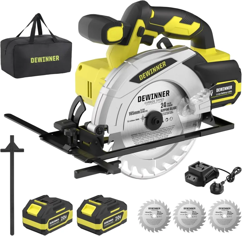 DEWINNER Cordless Circular Saw, Hand Circular Saw 4000RPM with 4.0Ah Battery, 54 mm Cut (90°)-38 mm (45°), 3 Blades 165 mm 24 Teeth + Canvas Bag, Ideal for Cutting Wood (Two Batteries)