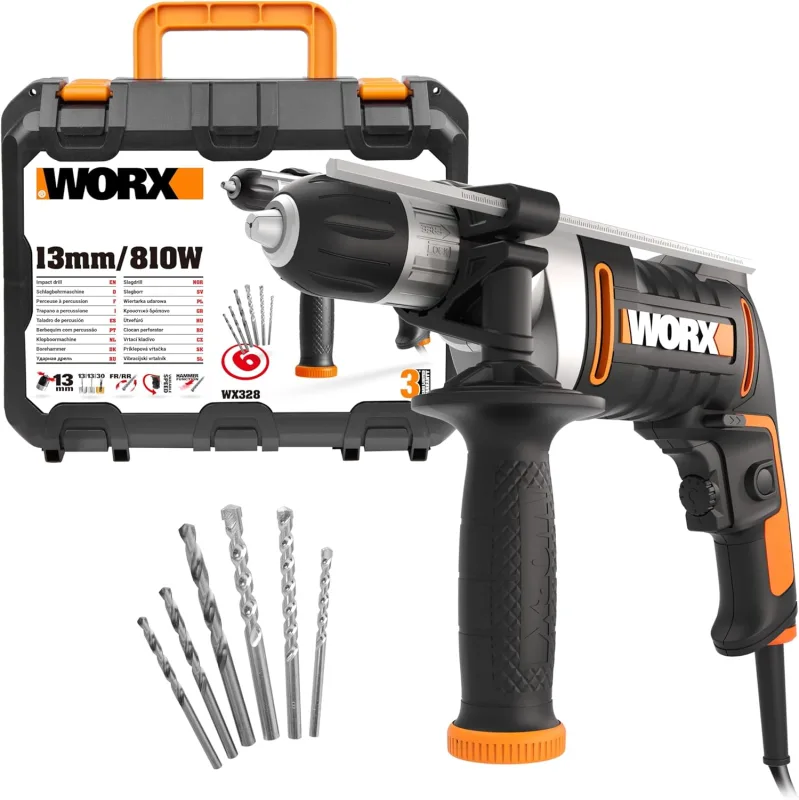 WORX WX328 Taladro percutor 800W, 3.000 r.p.m, 48.000 i.p.m, portabrocas 13mm, velocidad variable, para perforar en obra, taller y hogar, 6 borcas y maletín incluido