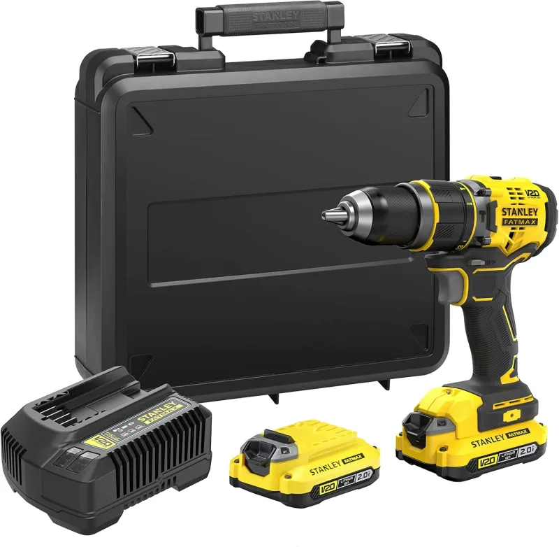 STANLEY FATMAX Cordless Hammer Drill V20 (18V), Brushless Motor, 80Nm, 2 Batteries 2Ah, Charger, Case, Metal Drill Chuck 13 mm, 14 Torque Positions, SFMCD721D2K-QW
