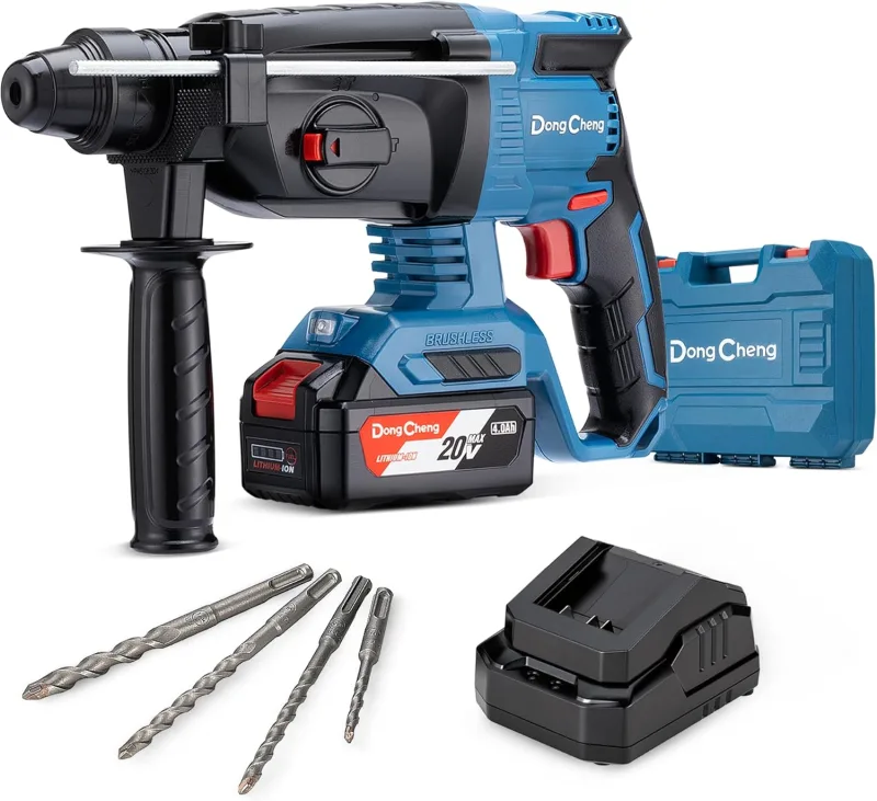 DongCheng Martillo perforador sin cable 18V, martillo percutor a batería 2,8 J, 4 piezas SDS-plus, perforación hasta 28 mm, motor sin escobillas empuñadura antivibración baterías 4Ah y cargador 2A