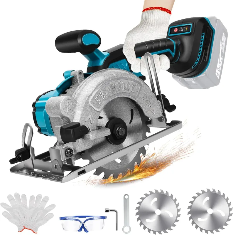 Sierra circular con batería para Makita 18 V batería de litio (sin batería), minisierra circular sin escobillas, sierra circular de mano con 2 hojas (125 mm), con corte diagonal, 6200 rpm, ideal para