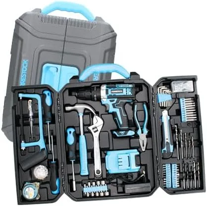 Ferrestock Bricoset FSKTAB101PLUS Taladro percutor 21V a batería con herramientas y accesorios para la mayoria de trabajos del hogar inclye caja de almacenaje