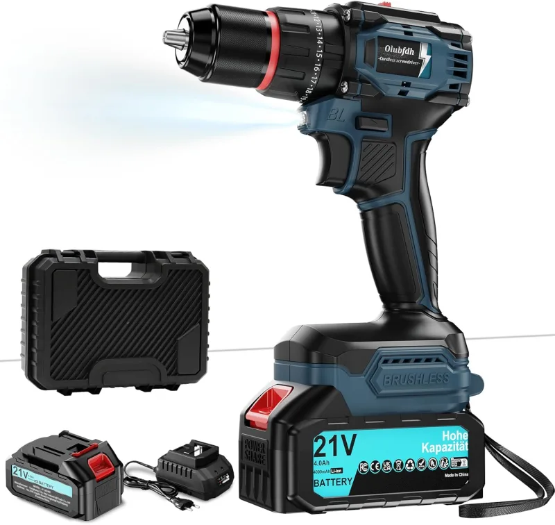 Taladro Percutor a Bateria 21V, Brushless Taladro atornillador batería con 4000mAh Baterías, 50 Nm, 20+3 posiciones de par (2 Velocidad y LED) Adecuado para bricolaje en casa y jardín