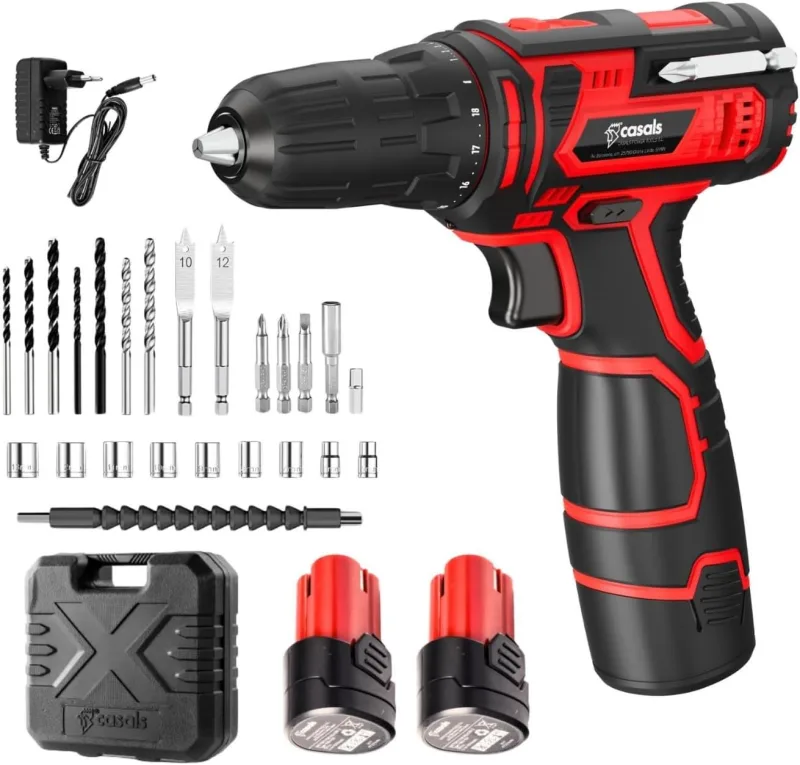 Casals - Hammer Drill Driver 12 V | 1400 RPM| 2 Batteries | 2.0 Ah Long Life Battery | Electronic Trigger | 15 Bits + 9 Keys + 2 Bits + Flexible Shaft + Hex Adapter + Case