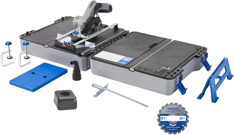 Dremel Blueprint Estación de Sierra Circular Portátil 12V Sin Escobillas con Estación de Trabajo 1x Disco Multimaterial, 1x Guia de Corte, 1x Adaptador de Polvo, 2x Gatos