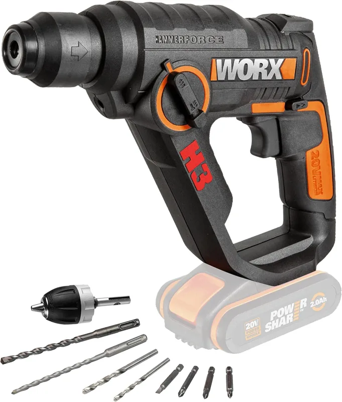 WORX WX390.9 SDS PLUS 1.2J Variable Speed Compact Lightweight Concrete Masonry Drill Hammer Without Battery, Charger, Case