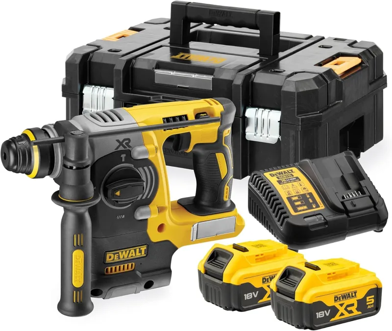 DEWALT SDS-Plus Brushless XR 18V 24mm Hammer Drill with 2 x 5Ah Batteries, XR Multi-Voltage Charger and TSTAK Heavy Duty Toolbox, DCH273P2T-QW.