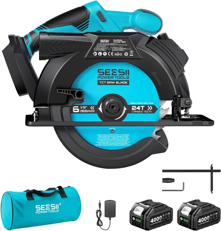 SEESII 165mm Cordless Circular Saw with Battery and Charger, 5200RPM Electric Saw with Laser and Wood Cutting Guide, Max Depth 90°, 45° for Home Renovation