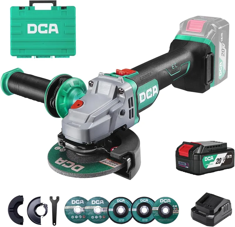 DCA Amoladora Angular sin Cable 20V sin Escobillas, Ø125mm, incl. Batería 4.0Ah & Cargador Rápido, 8500RPM Amoladora Angular Profesional con Tapa de Cierre Rápido, 6 Discos para Cortar, Desbastar