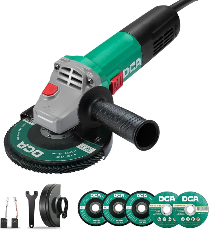 DCA Amoladora Angular 860W 125 mm, 11.800 rpm, Cuerpo Ultra Fino (Circunferencia 178 mm), Carcasa de Engranajes Compacta, 1,6 kg Ligera Radial para Corte y Lijado