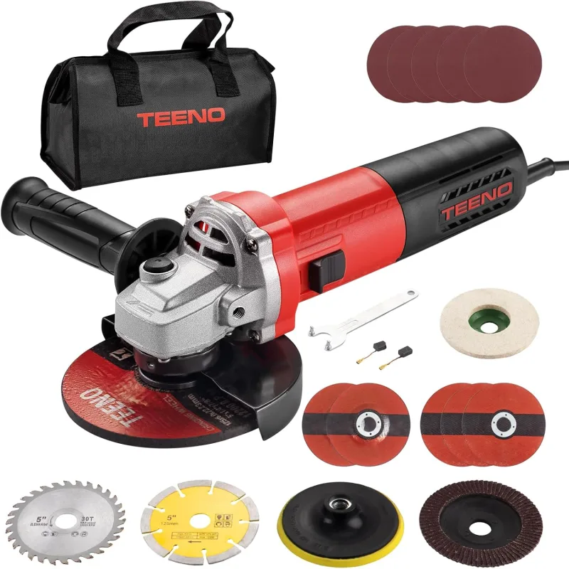 TEENO Amoladora Angular 125 MM 1000W 2000-12000 RPM Con 20 Accesorios, Radial Pequeña 125 mm, Amoladora Pequeña Para Cortar, Esmerilar y Pulir Metal, Madera, Cerámica y Piedra, Bolsa de Herramientas