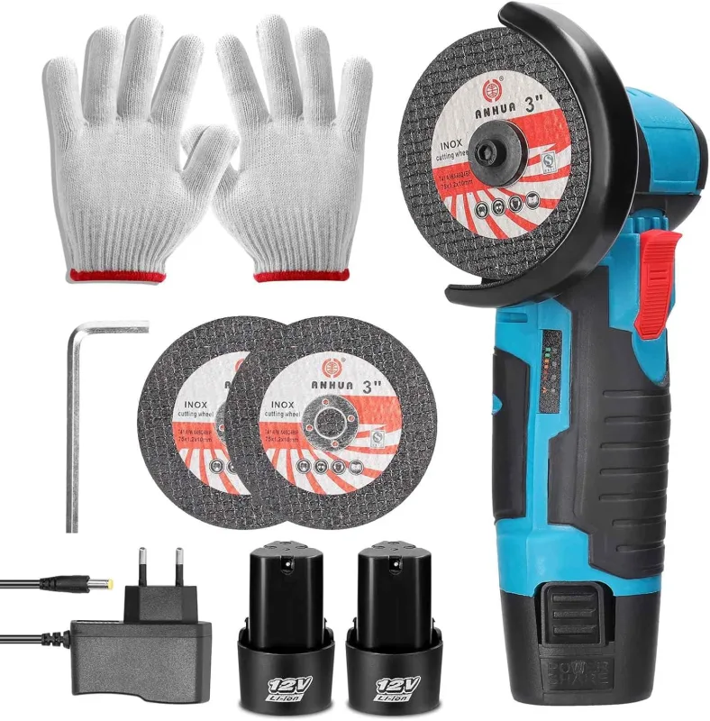 Mini amoladora angular, inalámbrica, 19500 rpm, 12 V, amoladora profesional, batería de 2,0 Ah, discos de corte de 76 mm, amoladora angular, para lijar y cortar (2 baterías)