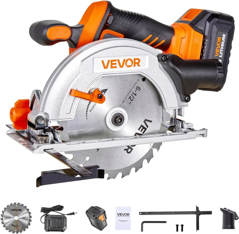 VEVOR Battery Circular Saw, 6-1/2" Blade, 4700 RPM Speed, 0-45 Degree Tilt, Brushless Motor, LED Light, Electric Circular Saw Set with Battery and Charger Included