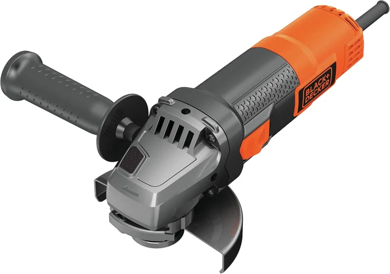 BLACK+DECKER Amoladora 115mm 900W, Velocidad 12.000 RPM, Empuñadura Lateral 3 Posiciones, Bloqueo de Eje, Ajuste de Guarda sin Llave, Protección contra Re-arranque, Aluminio, BEG210