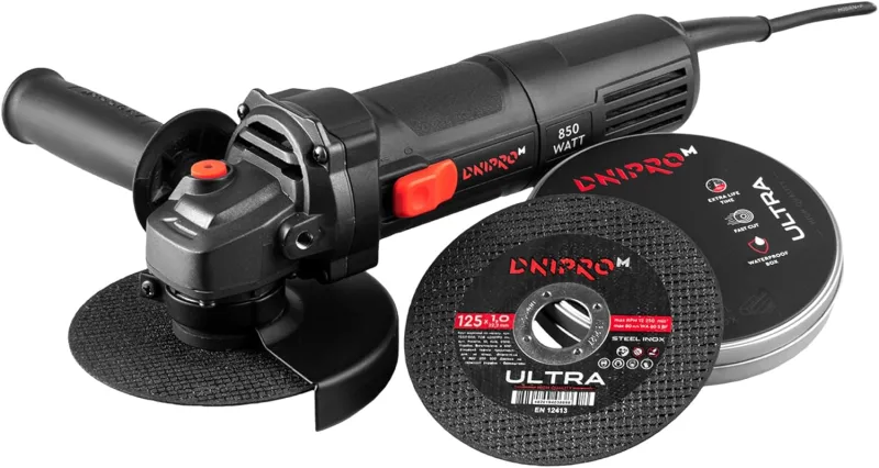 Amoladora Angular 850W 125mm con Velocidad Regulable 4000-11000 rpm, Radial Pequeña y 10 Discos. Cable 3m, Corte Metal/Piedra/Cerámica/Ladrillo. GS-100S