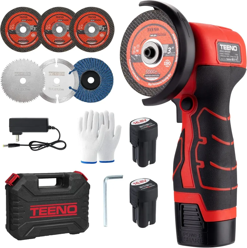 Amoladora angular TEENO 19.500 RPM – Discoadora inalámbrica de 76 mm, kit completo con 2 baterías 2000 mAh y 6 discos – para molienda, pulido, corte profesional