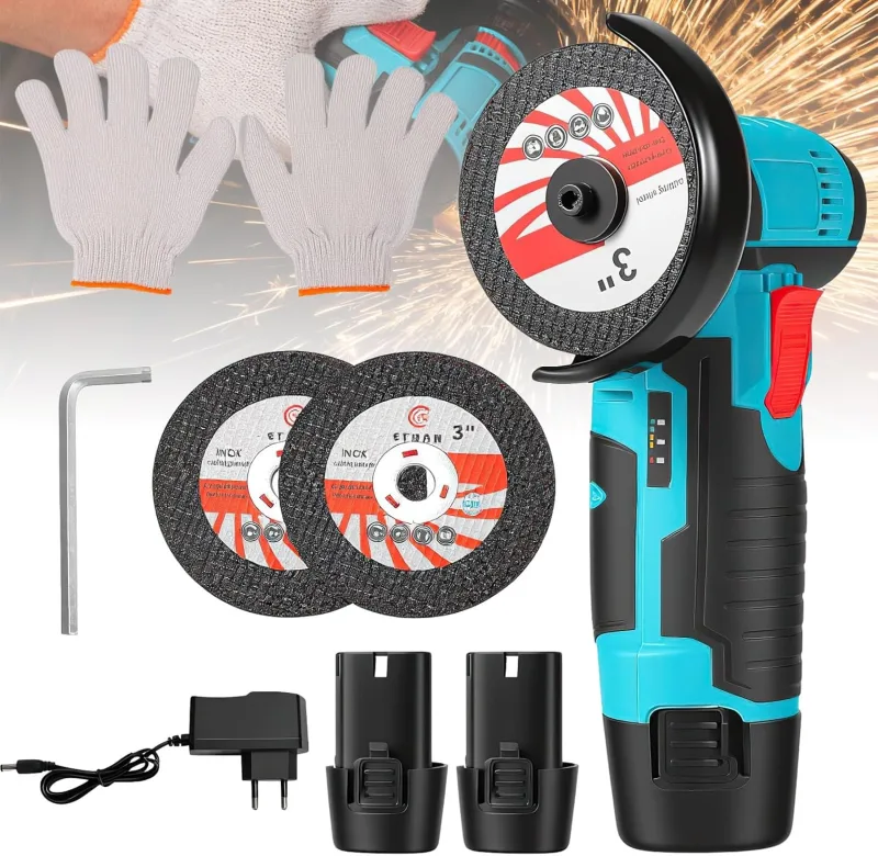 Amoladora angular inalámbrica, 550 W, mini amoladora angular inalámbrica, 12 V, disco inalámbrico profesional con 2 baterías de 1200 mAh,amoladora angular para moler y pulir, corte (2 baterías)