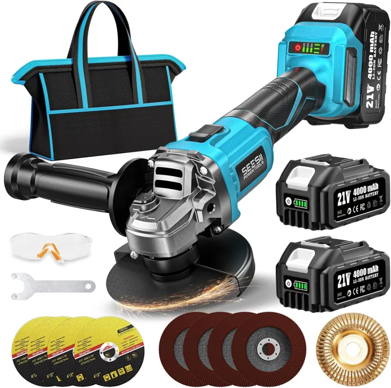 SEESII Amoladora Angular a Batería 2x 4000 mAh, 10.000 RPM Amoladora Angular Eléctrica sin Escobillas con 9 x muelas, para Crtar y Amolar con Precisión,125 mm/22 mm, azul (125mm)