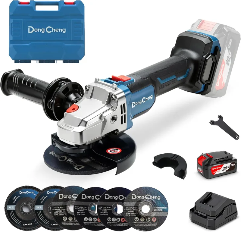 DongCheng Amoladora angular a batería 20 V 125 mm, motor sin escobillas, cubierta de liberación rápida, empuñadura antivibración, 2 discos abrasivos, 2 discos de corte, batería de 4,0 Ah.