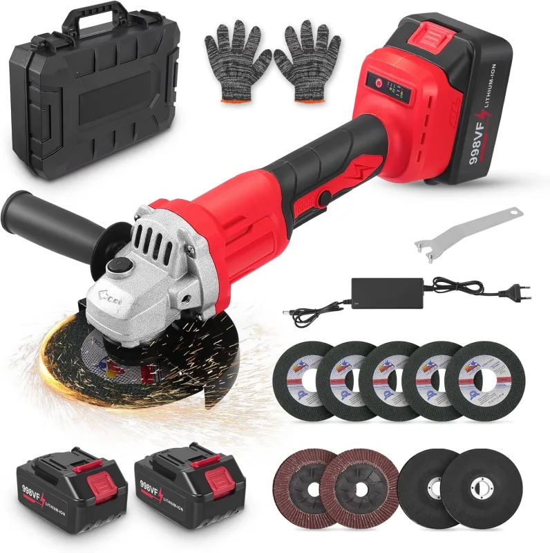 Amoladora angular inalámbrica sin escobillas 21V, velocidad hasta 13500 rpm Incluye discos de corte discos de desbaste discos de pulido Equipada con dos baterías de 21V 3,0Ah Diámetro 125 mm
