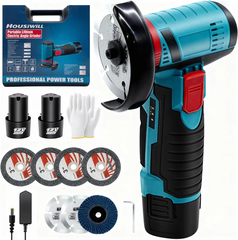Mini amoladora angular con batería, amoladora angular inalámbrica de 76 mm, 19500 rpm, lijadora eléctrica profesional, batería Flex, 2 baterías, 7 discos, adecuada para cortar y pulir