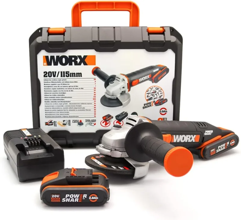 WORX WX800 Amoladora a batería 115mm 20V Máx. PowerShare, Potencia portátil para cortar o desbastar en obra, en casa o para trabajos de bricolaje, con 2 baterías 20V-2Ah, cargador y maletín