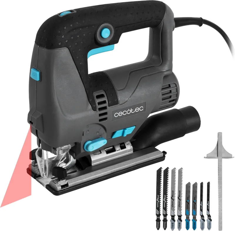 Cecotec Sierra de Calar MultiCut 8000 Vision, 800W, Corte Pendular, Cable de 2m, Plataforma de Aluminio Fundido y Mandril sin Llave, Láser Guía y Luz LED, Incluye 8 Sierras y Regla Guía