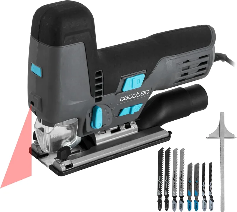 Cecotec Sierra de Calar MultiCut 8500 Vision, 800W, Corte Pendular, Cable de 2m, Plataforma de Aluminio Fundido y Mandril sin Llave, Láser Guía y Luz LED, Incluye 8 Sierras y Regla Guía