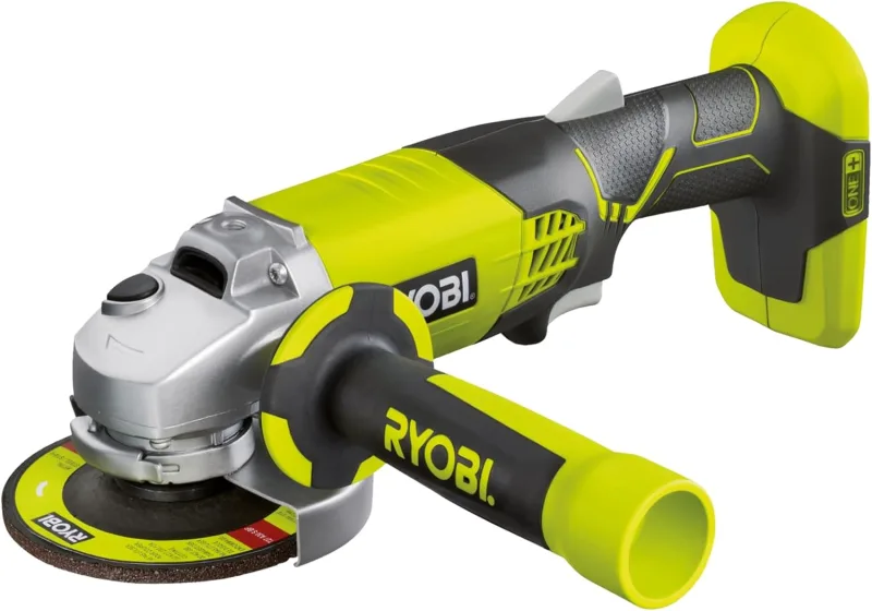 RYOBI - Amoladora Angular Eléctrica Sin Cable 18V ONE+ Ø115mm - Usos en Metal, Piedra, Bloque de Hormigón, Cemento y Mármol - Buena Autonomía - Se Entrega con Accesorios - R18AG-0