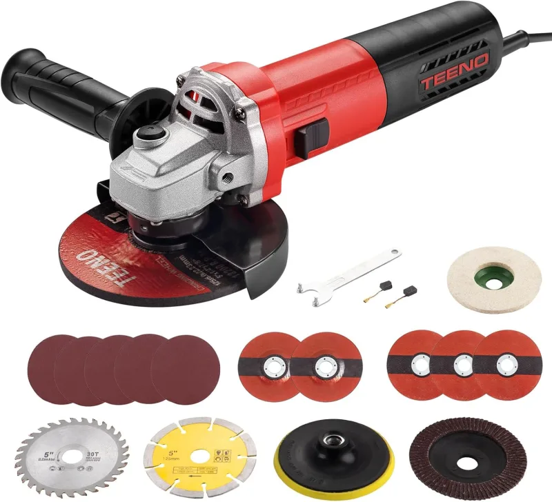 TEENO Amoladora Angular 125 MM 1000W 2000-12000 RPM Con 19 Accesorios, Radial Pequeña 125 mm, Amoladora Pequeña Para Cortar, Esmerilar y Pulir Metal, Madera, Cerámica y Piedra
