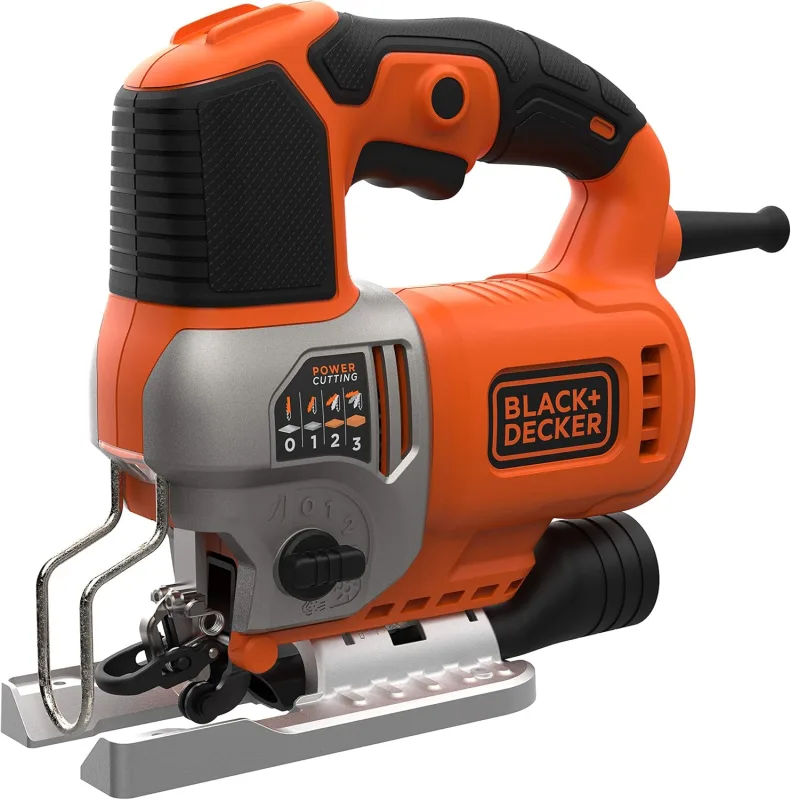 BLACK+DECKER BES610K-QS, Sierra de Calar Pendular 650W, Velocidad de 1000-3100 cpm, Longitud de corte 19mm, corte de bisel 45°/45°, Cambio de hoja sin herramientas