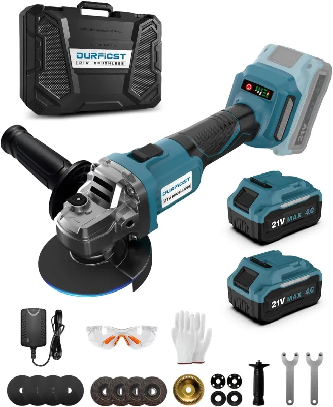 Amoladora angular inalámbrica DURFICST DAG310 de 125 mm/10000 RPM con 2 baterías de 21V y 4Ah, 4 discos de corte, 4 discos de pulido, trinquete metálico y estuche de transporte para cortar y amolar