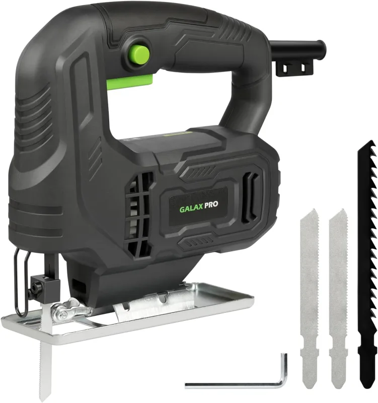 GALAX PRO Sierra de Calar con cable 400W, 3000 RPM, Corte bisel a -45°/+45°, botón de bloqueo, incluye hojas para madera y metal