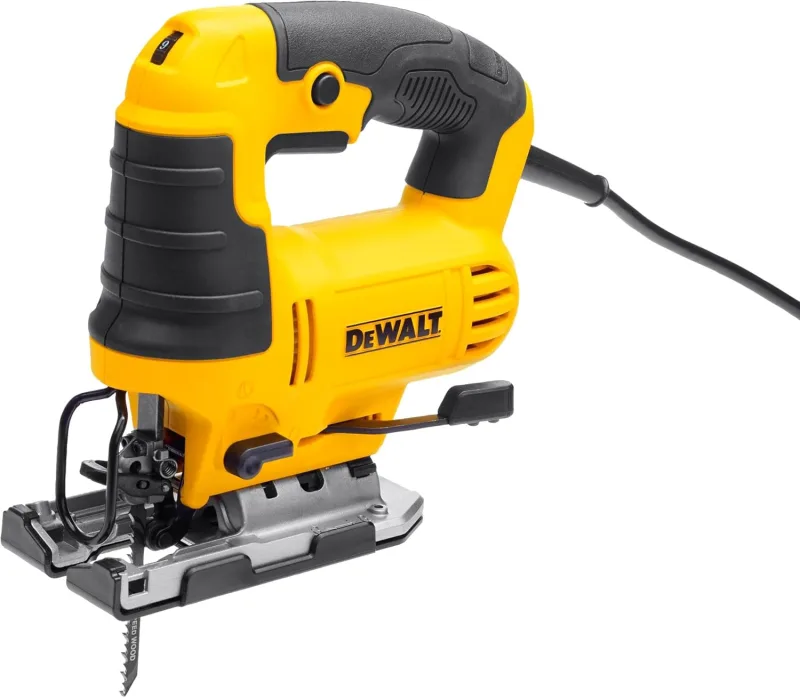 DEWALT DWE349-QS - Sierra de calar 650W, 3 ajustes de acción pendular, Dispositivo de soplado, Incluye protector de zapata de sierra y hoja de sierra de calar, No incluye batería ni cargador
