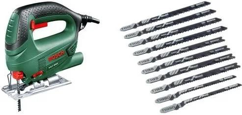 Bosch PST 650 - Sierra de calar con maletín (500 W, 240 V) color verde + 2607010629 Pro Line - Juego de hojas de sierra de calar (10 unidades, para madera)