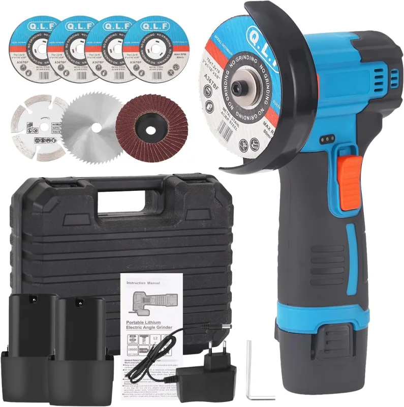 Mini Amoladora Angular Bateria, 12V 19500 RPM Amoladora Angular Profesional con 2 Baterías de 2000mAh, 7 Discos de Corte 75 MM para Cortar, Pulir y Lijar